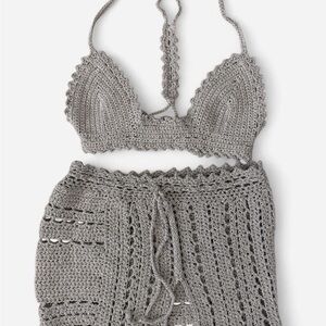 Crochet Two-Piece Skirt Set in Gray / Shimmer Silver - S/M